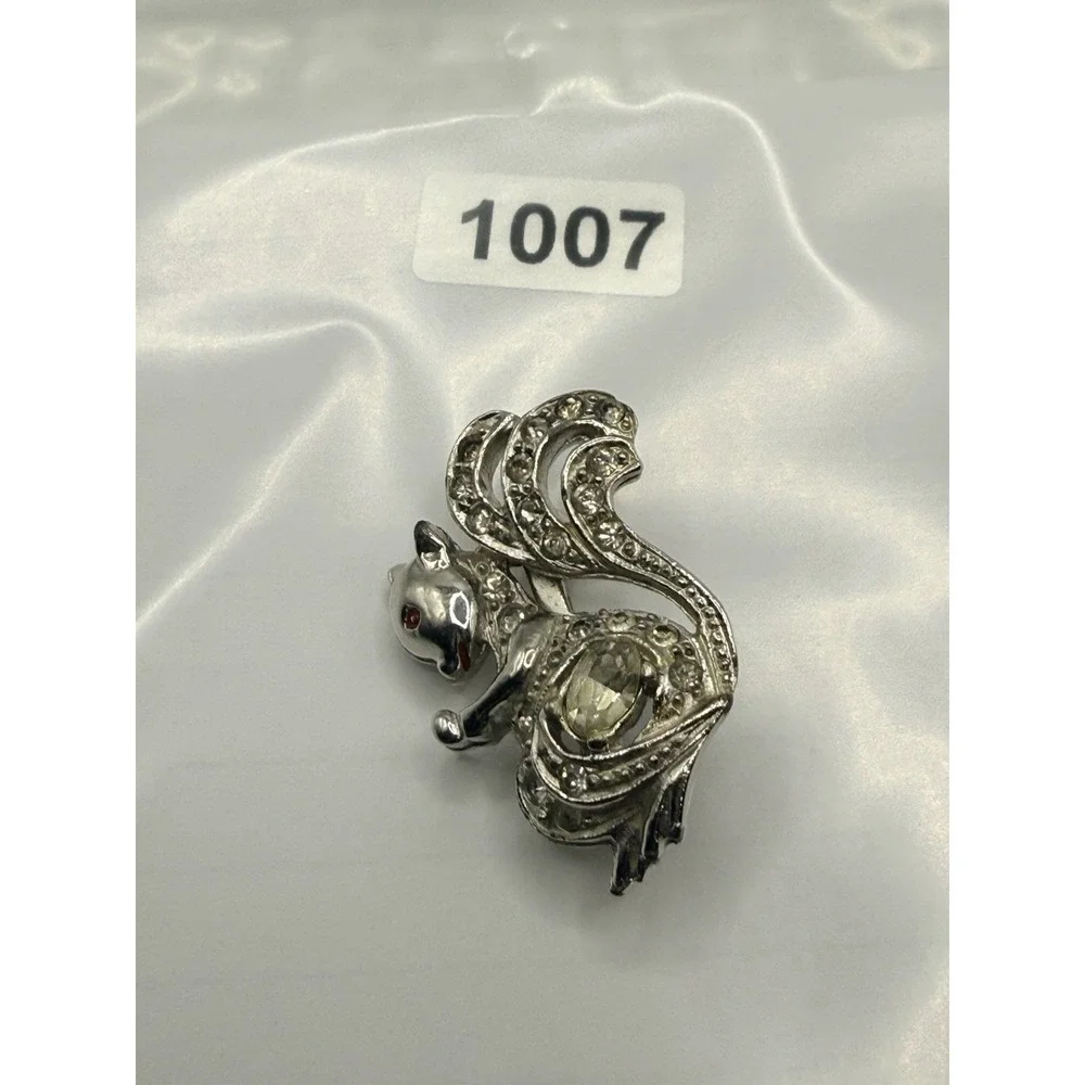 Vintage Squirrel Brooch Pin Silver Tone Rhinestone READ LOOK